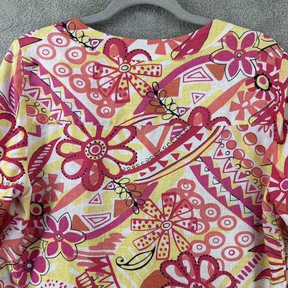 Choices Top Women M Floral Orange Yellow Linen Pullover 3/4 Sleeves Notch Neck - Picture 7 of 14